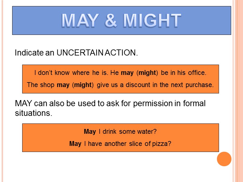 MAY & MIGHT Indicate an UNCERTAIN ACTION.  MAY can also be used to